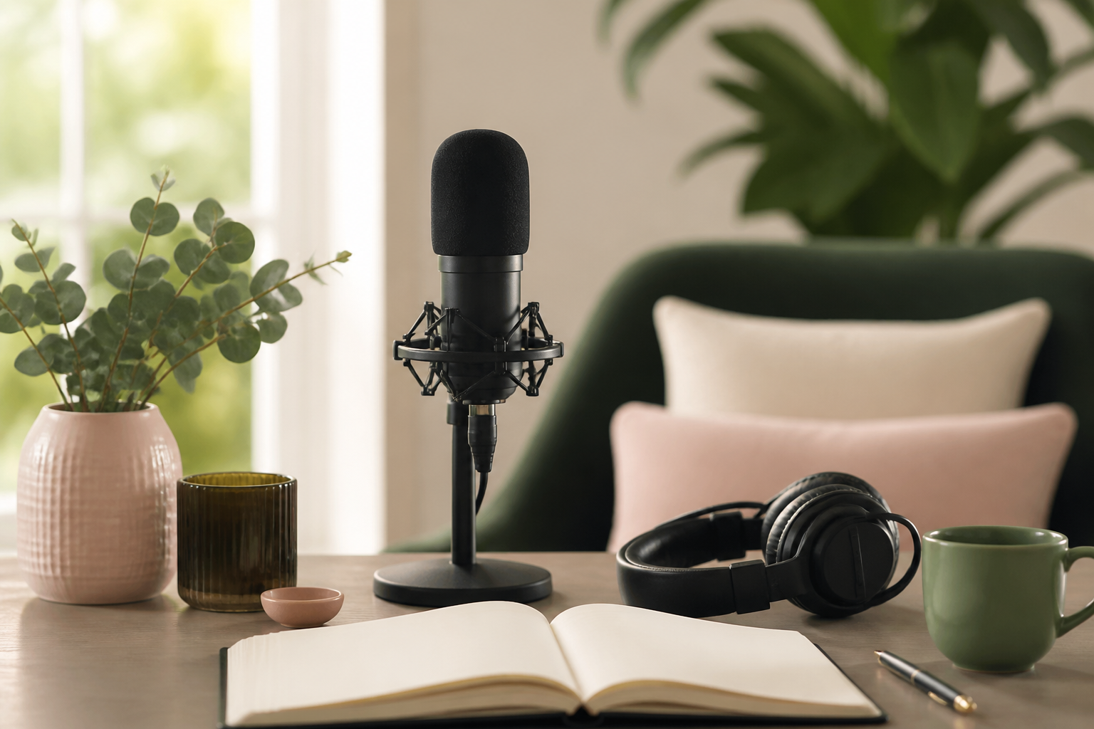 Podcast microphone and notebook representing Laura Bradshaw’s Faith & Family Trailblazers interview