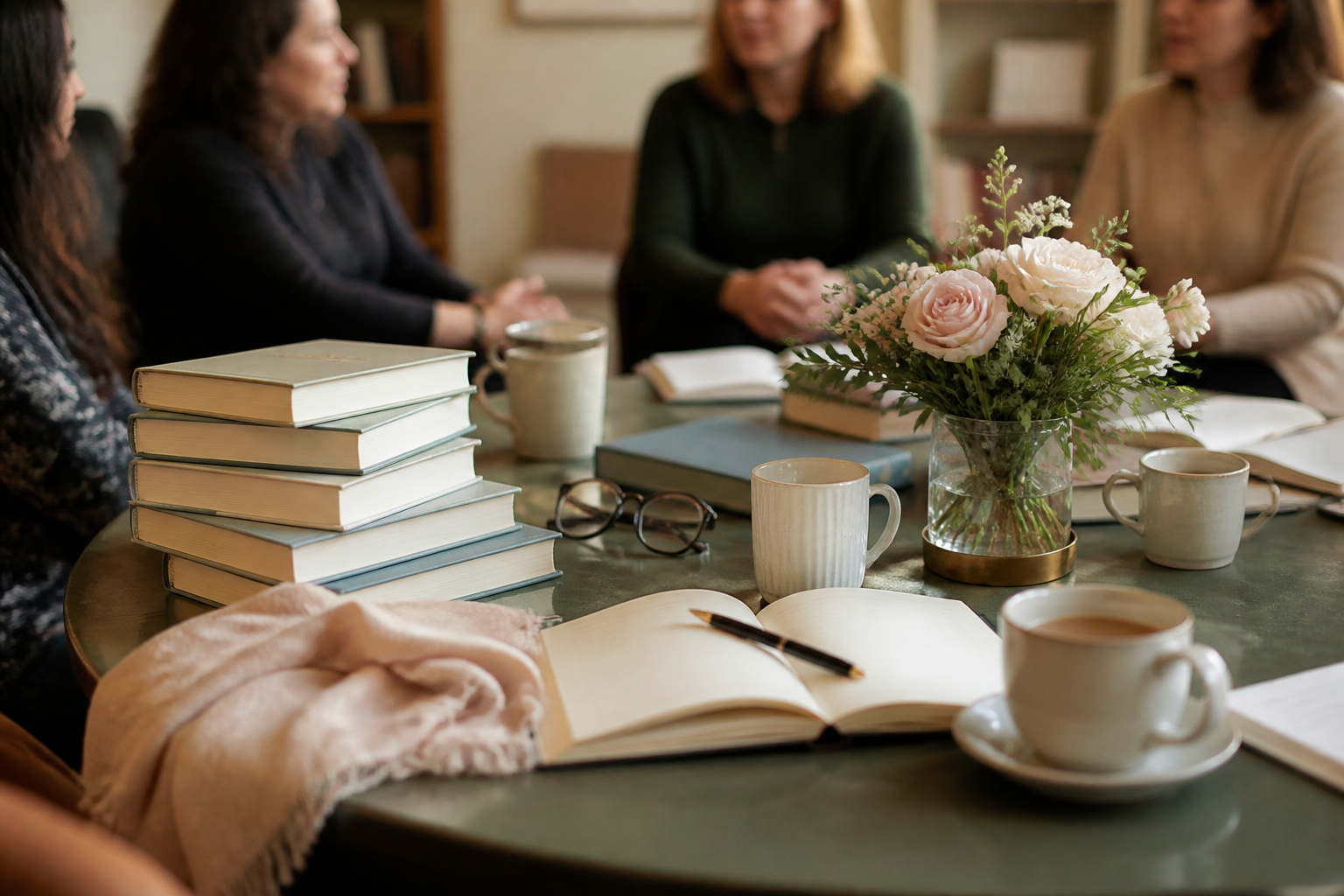 Books, notebooks, and a small discussion group representing a private authorship and publishing conversation